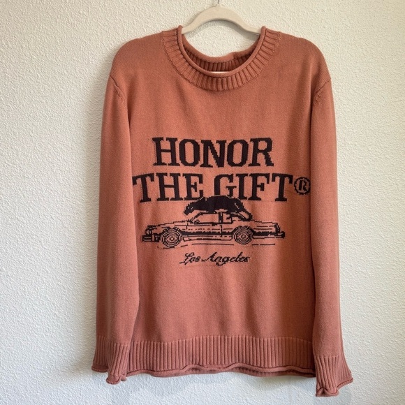 Honor the Gift Mens Large HTG Pack Sweater Graphic Knit Jacquard Artwork Peach - Picture 1 of 8